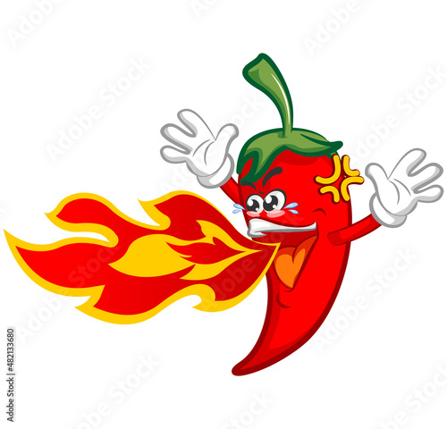 vector mascot character illustration of super spicy chili spitting hot fire while raising his two hands up