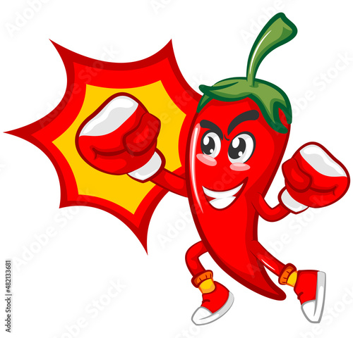 vector mascot character illustration of chilli swinging his spicy punches with boxing gloves
