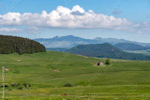 Paysages de montagne avec un petit buron au fond d'une vallée dans le puy de Dôme en Auvergne par une belle journée de printemps