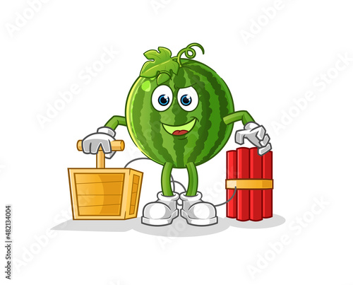 watermelon holding dynamite detonator. cartoon mascot vector