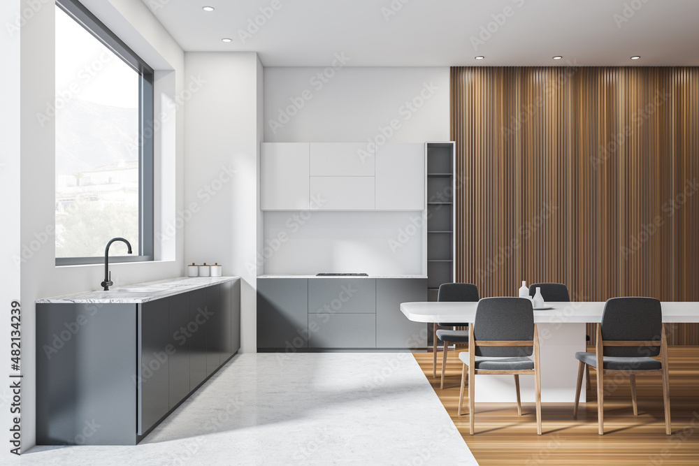 Modern cooking set interior with sink, dining table and chairs, window Modern cooking set interior with sink, dining table and chairs, window