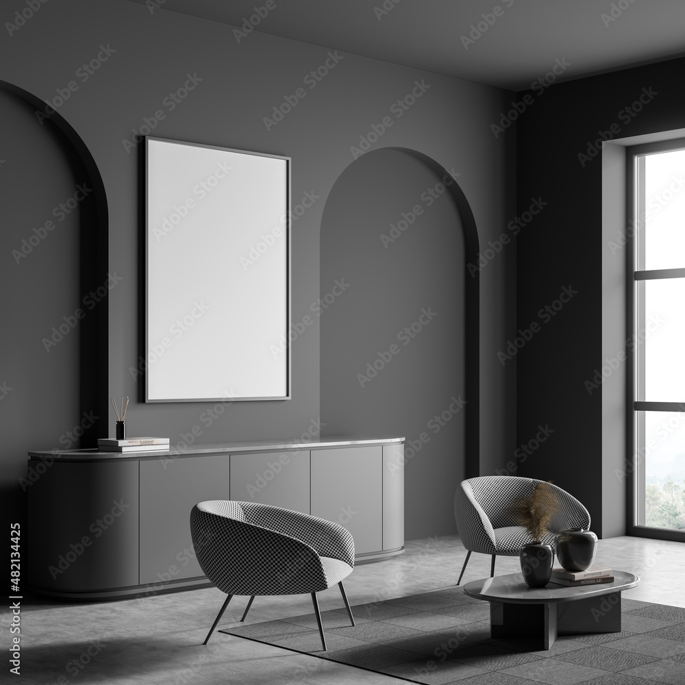 Copy space mockup wall poster in villa living room design interior, grey furniture on dark room, concrete flooring, armchair with table. Concept of relax. 3d rendering