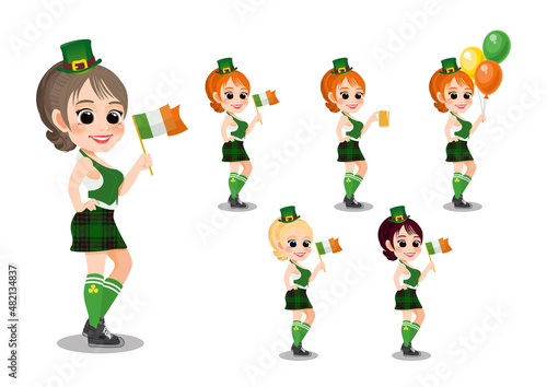 Happy Saint Patrick's Day with Pretty leprechaun girl with beer glass, Irish flag and Irish Balloon. Cartoon Character Girl Vector
