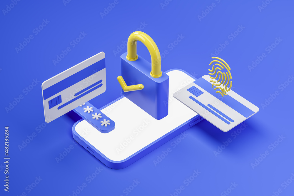 Mock up screen of smart phone, blue padlock with yellow check mark, fingerprint. Credit and debit bank cards and authentication process to log in. Safety cyber security, data protection. 3D rendering Mock up screen of smart phone, blue padlock with yellow check mark, fingerprint. Credit and debit bank cards and authentication process to log in. Safety cyber security, data protection. 3D rendering