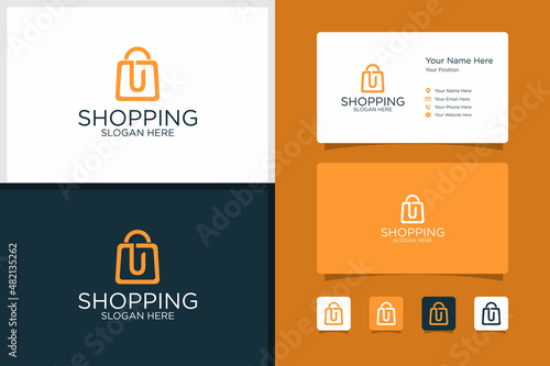 shopping bag design logo/ initials u and business card design template. premium vector