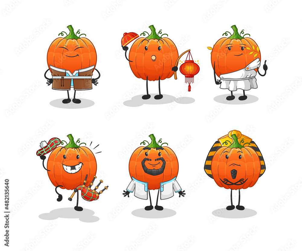 pumpkin world culture group. cartoon mascot vector pumpkin world culture group. cartoon mascot vector