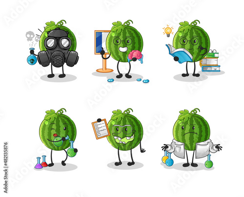 watermelon scientist group character. cartoon mascot vector
