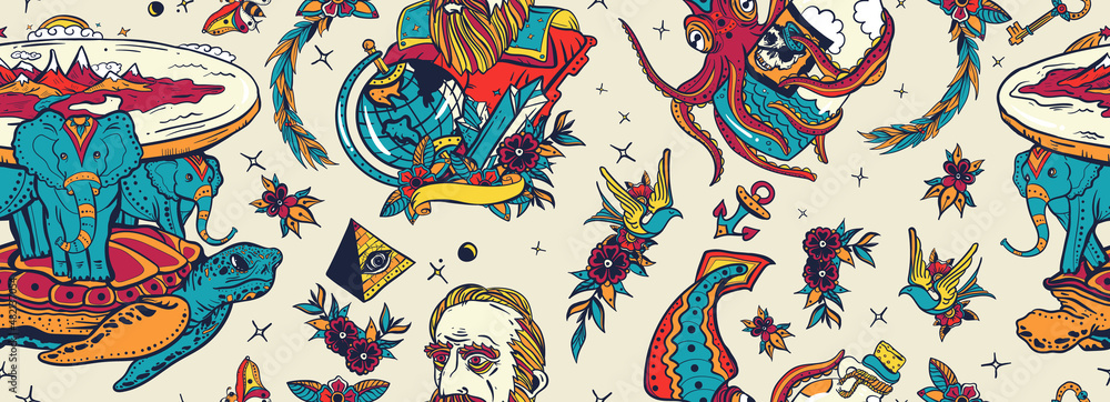 Fototapeta premium Flat Earth seamless pattern. Traditional tattooing art. Turtle and three elephants. Octopus kraken and Galileo scientist