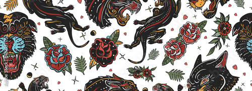 Tablou pe pânză Black panthers and roses flowers  seamless pattern
