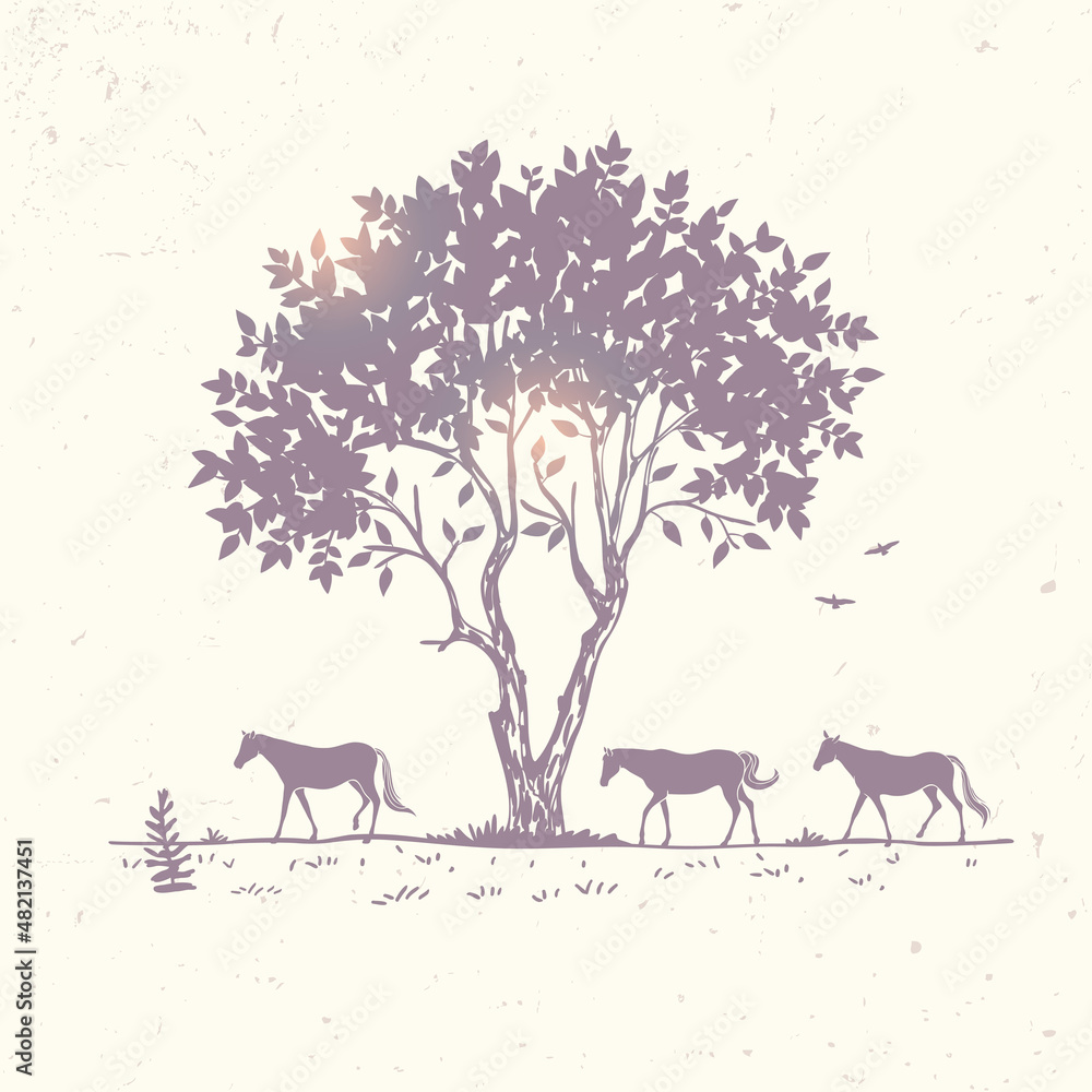 horse silhouette and tree horse silhouette and tree