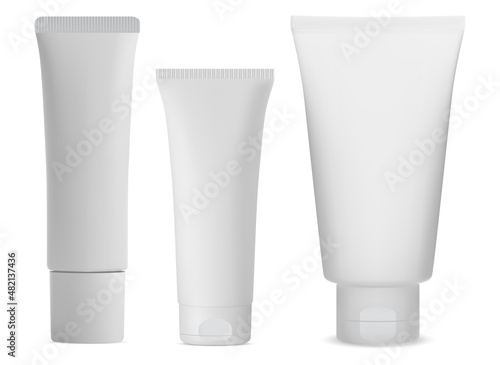 White cosmetic tube pack. Isolated cosmetic cream package, plastic bottle blank. Realistic vector packaging for tooth paste, sauce. Facial care moisturizer tube, tall medical blank illustration
