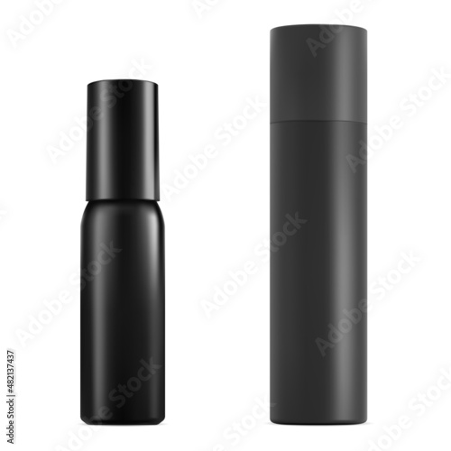 Black aerosol spray bottle. Deodorant tin mockup blank. Hair spray can, aluminum cylinder packaging. Antiperspirant refreshener canister template, realistic vector illustration