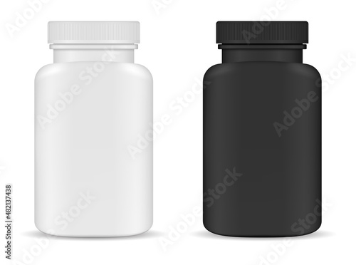 Supplement bottle. White plastic vitamin pill jar vector blank mockup. Medicine tablet box, black drug can. Capsule medicament cylinder bottle illustration, antibiotic remedy