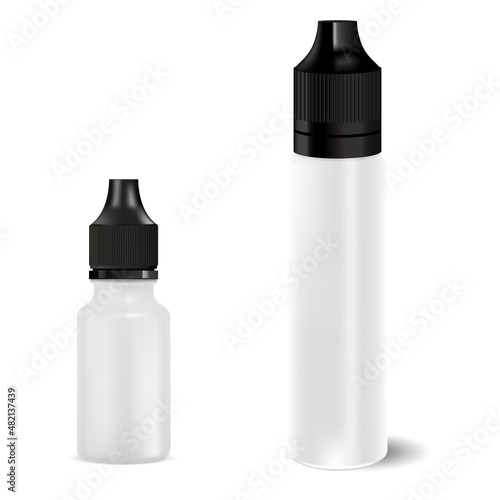 Liquid e juice bottle mockup. Electronic cigarette liquid dropper flask, vector mock up. Vaporizer dripper flacon template set, vapour flavor jar template illustration