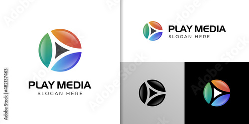 Play button logo design with circle shape symbol, modern technology media logo template