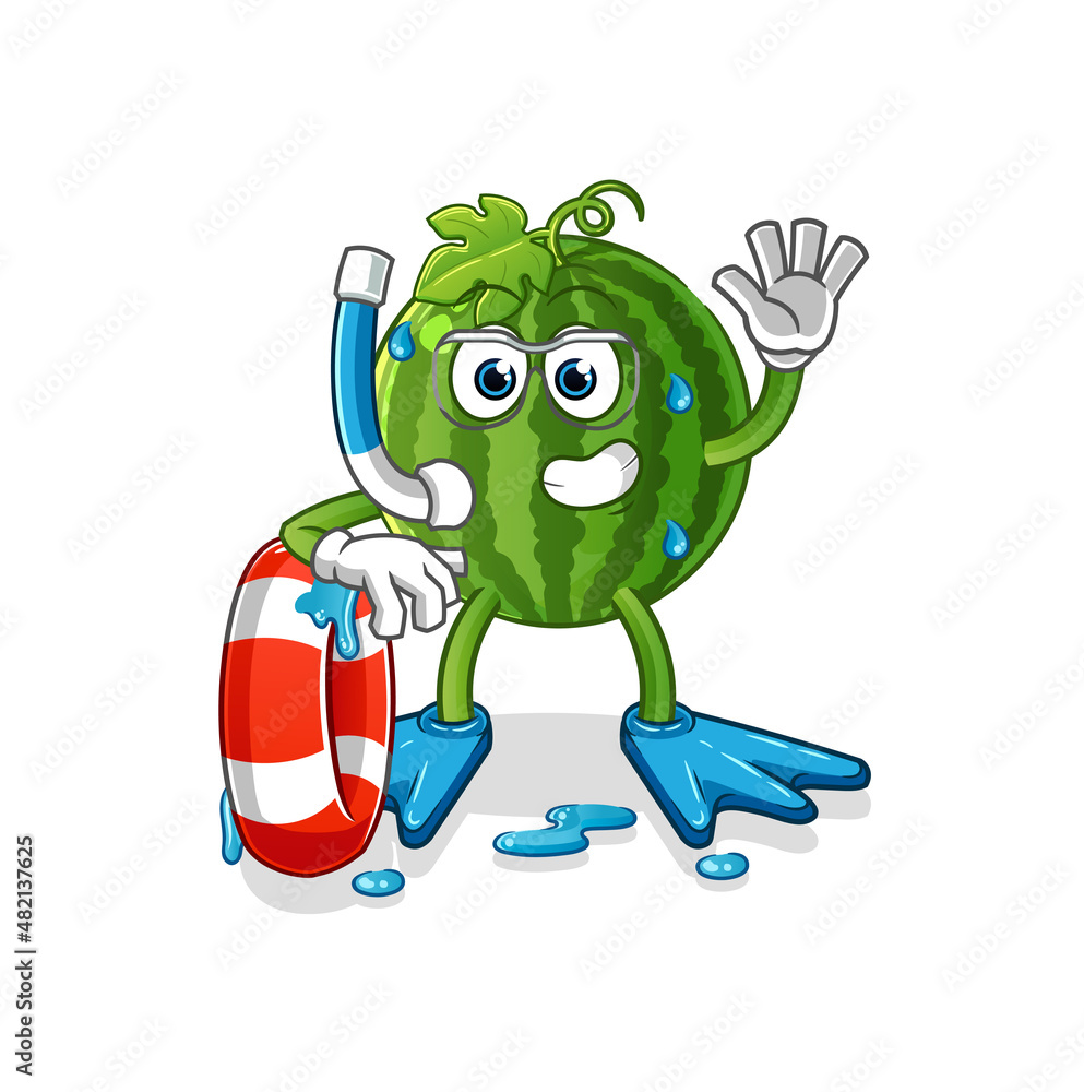 watermelon swimmer with buoy mascot. cartoon vector watermelon swimmer with buoy mascot. cartoon vector