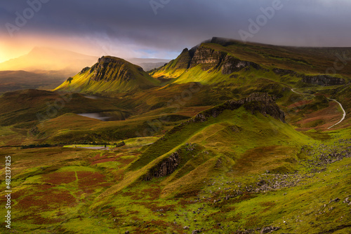 Quiraing sunrise on the beautiful Isle of Skye, Scotland, UK. photo