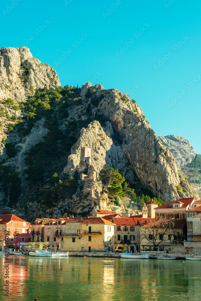 Omis town on Cetina river and old ruins of Pirate fortress. Croatia
