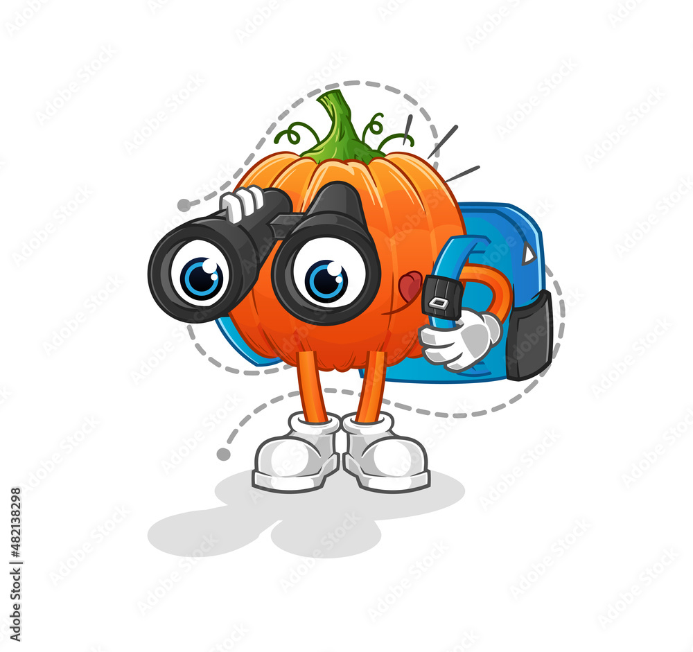 pumpkin with binoculars character. cartoon mascot vector pumpkin with binoculars character. cartoon mascot vector