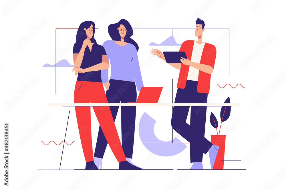 Fototapeta premium Vector outline illustration on the subject of office work, business meeting. Editable stroke
