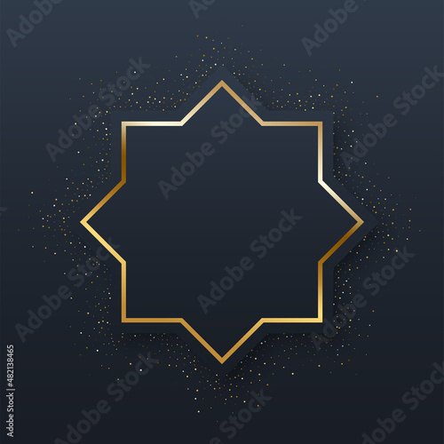 Gold star with eight points, stardust and glow light effect, abstract symmetry decor