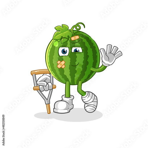 watermelon sick with limping stick. cartoon mascot vector