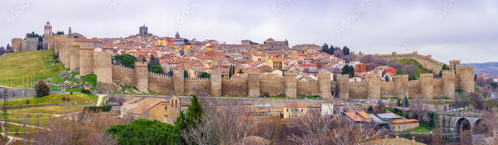 Panoramic view of the fortified and medieval city on top of a hill. Ávila, Spain.