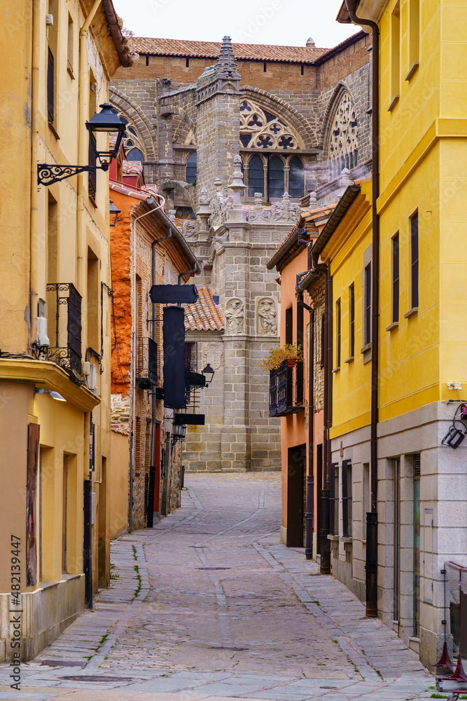 Fototapeta premium Picturesque narrow alley with colorful houses and Avila Cathedral in the background. Spain.