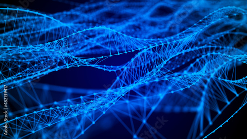 The structure of DNA. Medicine, science and technology. Blue background with a wave of lines and particles. The concept of a gene cell. Big data. 3d rendering