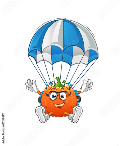 Fototapeta Naklejka Na Ścianę i Meble -  pumpkin skydiving character. cartoon mascot vector