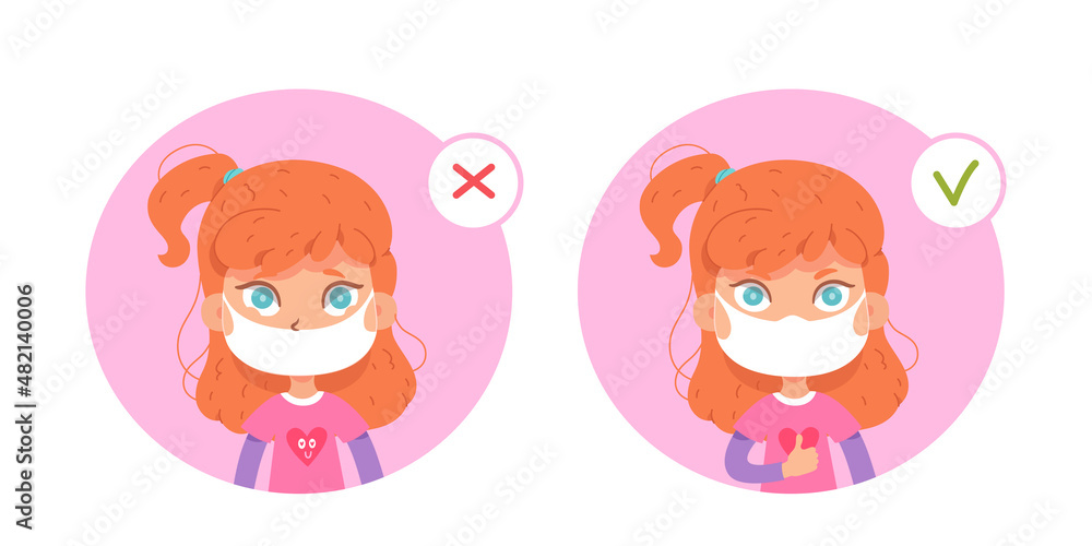 Girl wear protective face mask with proper and wrong way set of medical infographics Girl wear protective face mask with proper and wrong way set of medical infographics