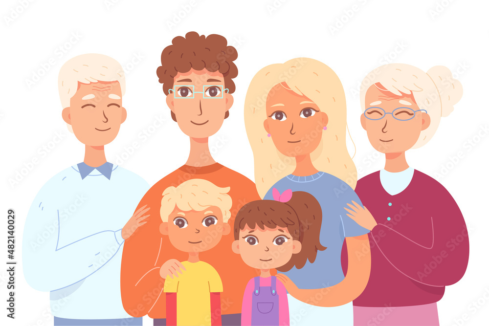 Big family standing together, generation of relatives, cute portrait isolated on white