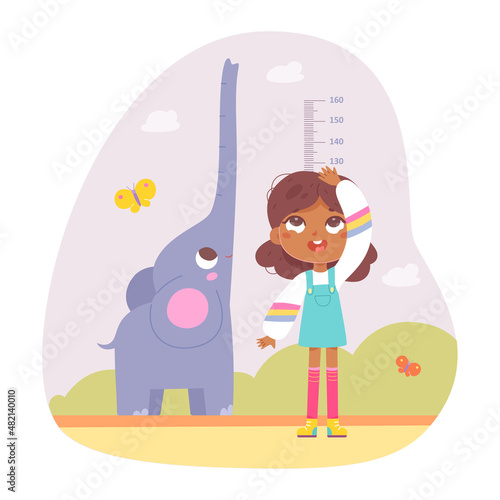 Girl measuring height, cute kid standing with cheerful elephant raising long trunk up