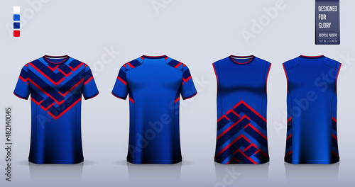 Blue t-shirt sport, Soccer jersey, football kit, basketball uniform, tank top, and running singlet mockup. Fabric pattern design. Vector.