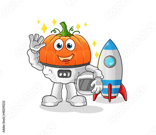 pumpkin astronaut waving character. cartoon mascot vector