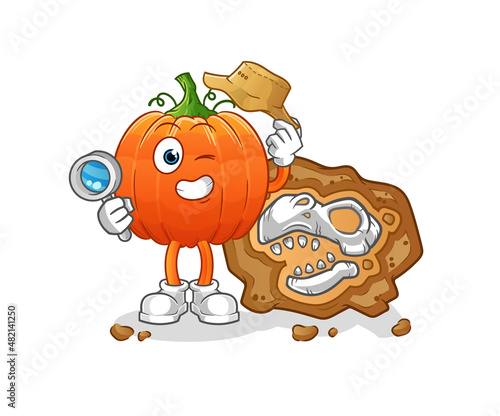 pumpkin archaeologists with fossils mascot. cartoon vector
