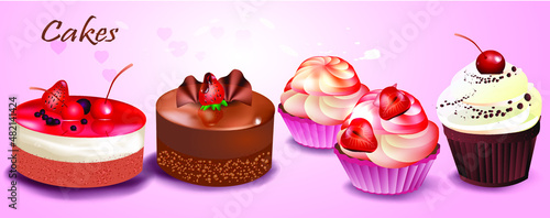 Set of cakes with cream, chocolate and fruit.