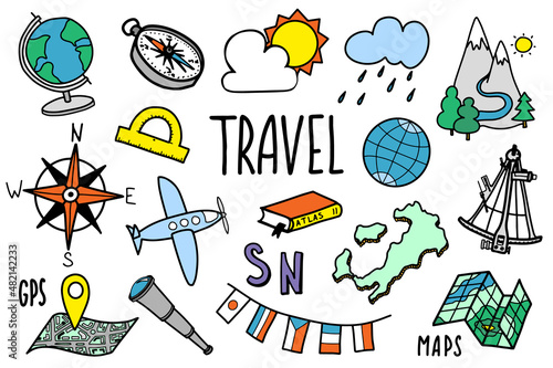 Travel icons set in hand drawn doodle style. Tourism and geography symbols. Simple stickers isolated on white background. Vector illustration