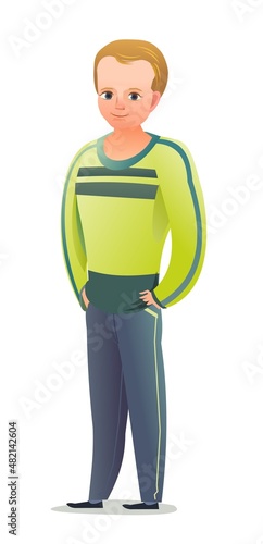 Little boy in tracksuit. Guy got ready for sports activities. Cheerful person. Standing pose. Cartoon comic style flat design. Single character. Illustration isolated on white background. Vector