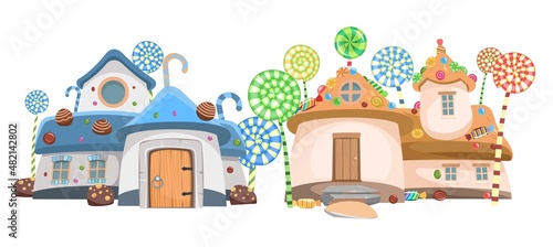 Sweet caramel fairy houses. Illustration in cartoon style flat design. Picture for children isolated on white background. Vector
