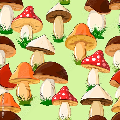 Wallpaper Mural Different colored mushrooms in a cartoon style. Green seamless pattern. Vector Torontodigital.ca