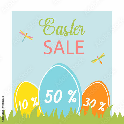 Easter sale banner background template with beautiful colorful  eggs and grass. For design of flyers with discount offers. Easter eggs in grass. Vector illustration in flat style. Percent discount