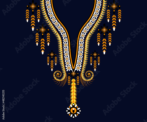 Yellow Black Bengal tiger Ikat Geometry neckline Ethnic oriental Morocco pattern traditional. Floral necklace embroidery design for fashion women Kaftan background, wallpaper, clothing, and 
wrapping.