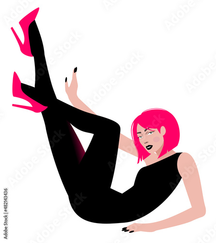 A fashion portrait of a slim glamorous woman in black with pink hair, black nails and black lips, lying and posing. Vector isolated flat minimalist illustration.