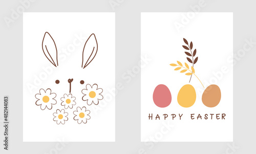 Easter cards with bunny rabbit, daisy flower, eggs and branches vector.