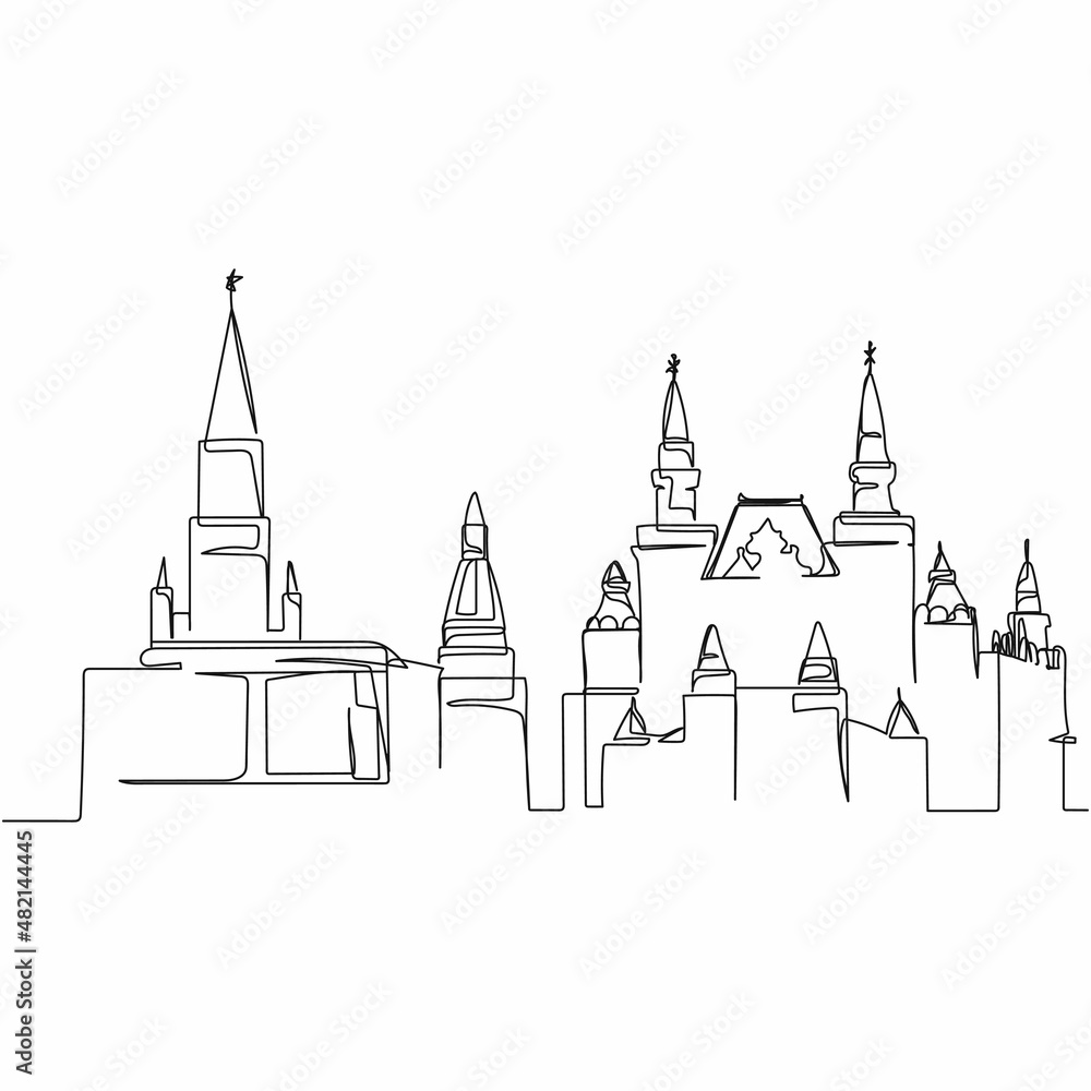 Continuous one simple single abstract line drawing of moscow red square and historical museum icon in silhouette on a white background. Linear stylized.