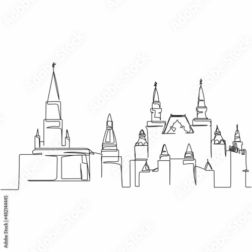 Canvas Print Continuous one simple single abstract line drawing of moscow red square and historical museum icon in silhouette on a white background