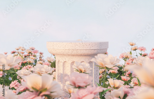 Fototapeta Naklejka Na Ścianę i Meble -  Natural beauty podium backdrop with spring rose flower field scene. 3d rendering. 