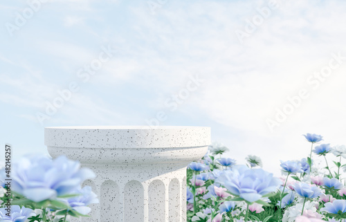 Fototapeta Naklejka Na Ścianę i Meble -  Natural beauty podium backdrop with spring rose flower field scene. 3d rendering. 