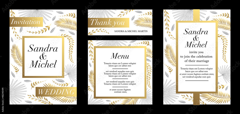 Ensemble de cartes pour un mariage - invitation, faire part, remerciement et menu - décoré de feuilles diverses - texte anglais.